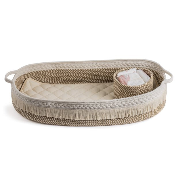 Baby Changing Basket, Woven Cotton Rope Moses Basket with Tufted Mattress Pad and Small Storage Basket, Changing Table Topper for Baby Girls and Boys, White+Brown