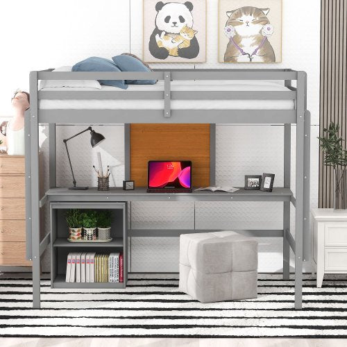 Loft Bed Twin Size, Wood Twin Loft Bed with Desk and 2 Drawers, Loft Bed Frame with stairway, Desk Under Bed for Teens/Girls/Boys/Adults, No Box Spring Needed (Gray)