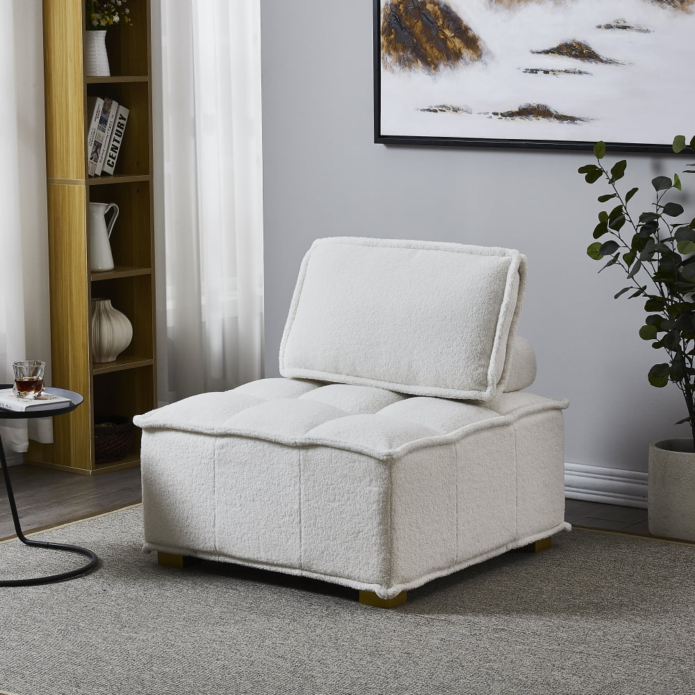 Lazy Sofa Ottoman, Modern Teddy Fabric Accent Chair, Sectional Single Sofa Couch with Removable Back Cushion and Gold Wooden Legs, Comfy Club Chair for Living Room,Bedroom,Reading, White