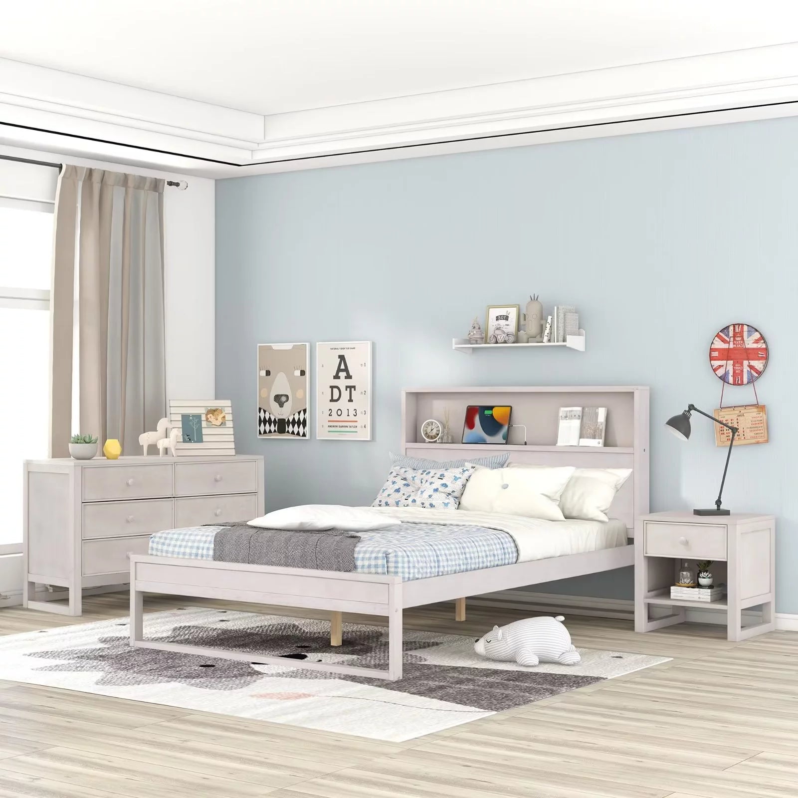 Set of 3 Bedroom Furniture Set, Full Size Platform Bed with Nightstands and Dresser, Wood Storage Bed Frame with Storage Headboard for Kids Adults Bedroom, No Box Spring Required, White