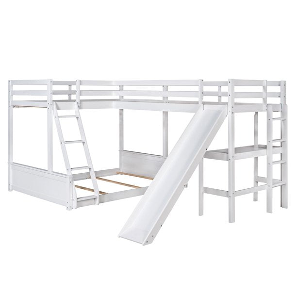 Triple Beds with Desk and Slide, Twin over Full L-shaped Bunk Bed and Loft Bed, Wood Bed Frame with Full-Length Guardrail and 2 Ladders, for Kids Boys Girls, White
