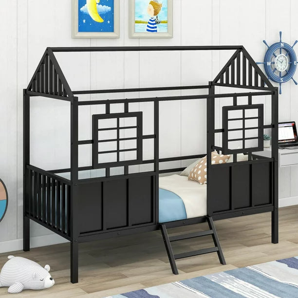 Twin Size House Loft Beds, Metal Loft Bed Frame with Roof and Two Front Windows, Playhouse Loft Bed with Fence Railings Cabin Beds for Girls Boys Teens, No Box Spring Needed-Black