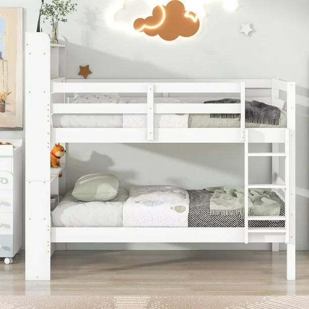 Twin over Twin Bunk Beds with Bookcase Headboard, Solid Wood Low Bunk Bed Frame with Ladder and Full-length Guardrails, Bunk Bed Convertible to 2 Seperate Twin Beds, Mattress Not Included, White