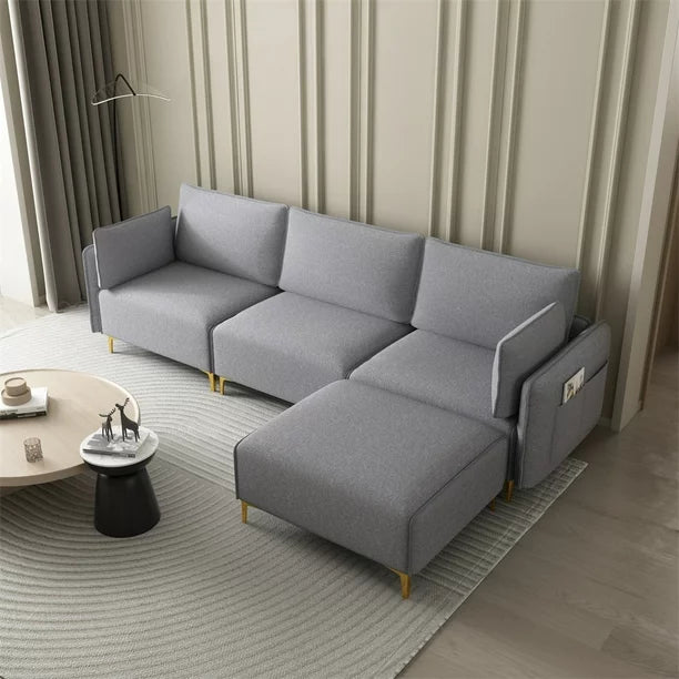 L-Shaped Sectional Sofa, Modern Upholstered Sofa Couch with Charging Socket and Padded Cushion Back, Convertible Modular Sofa with Metal Legs for Living Room Dorm, Gray