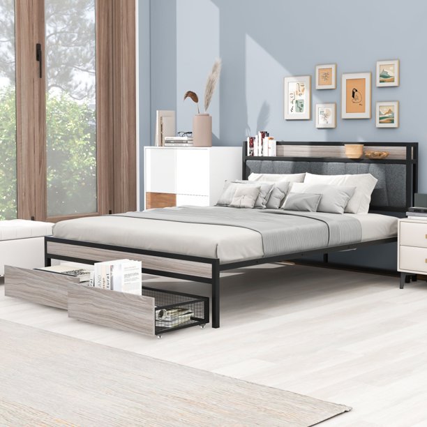 Metal Platform Bed with 2 Storage Drawers, Queen Size Platform Bed Frame with Upholstered Headboard, Sockets and USB Ports, Bedroom Mattress Foundation for Teens Adults, No Box Spring Needed, Black
