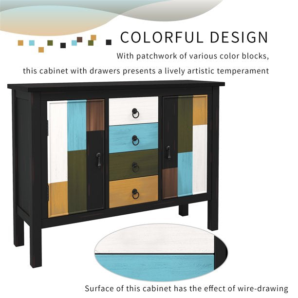 Colorful Console Table, Wooden Storage Sideboard with Four Drawers and Two Large Cabinets for Entryway, Living Room