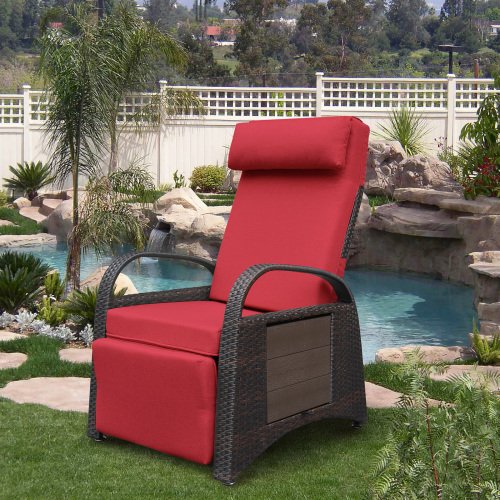 Patio Lounge Chair, PE Wicker Adjustable Outdoor Recliner Chair with Flip-Up Side Table, Reclining Chair with Removable Soft Cushion, for Garden Backyard Poolside,Red