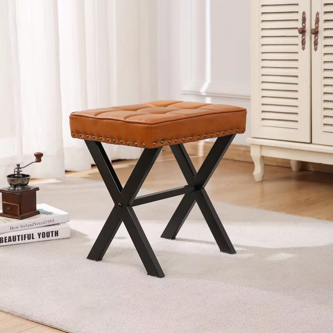 Upholstered Ottoman Bench,Contemporary Ottoman with X-Shaped Metal Legs and Thick Cushion,Shoe Changing Chair for Patio Bedroom Living Room Hallway,Brown