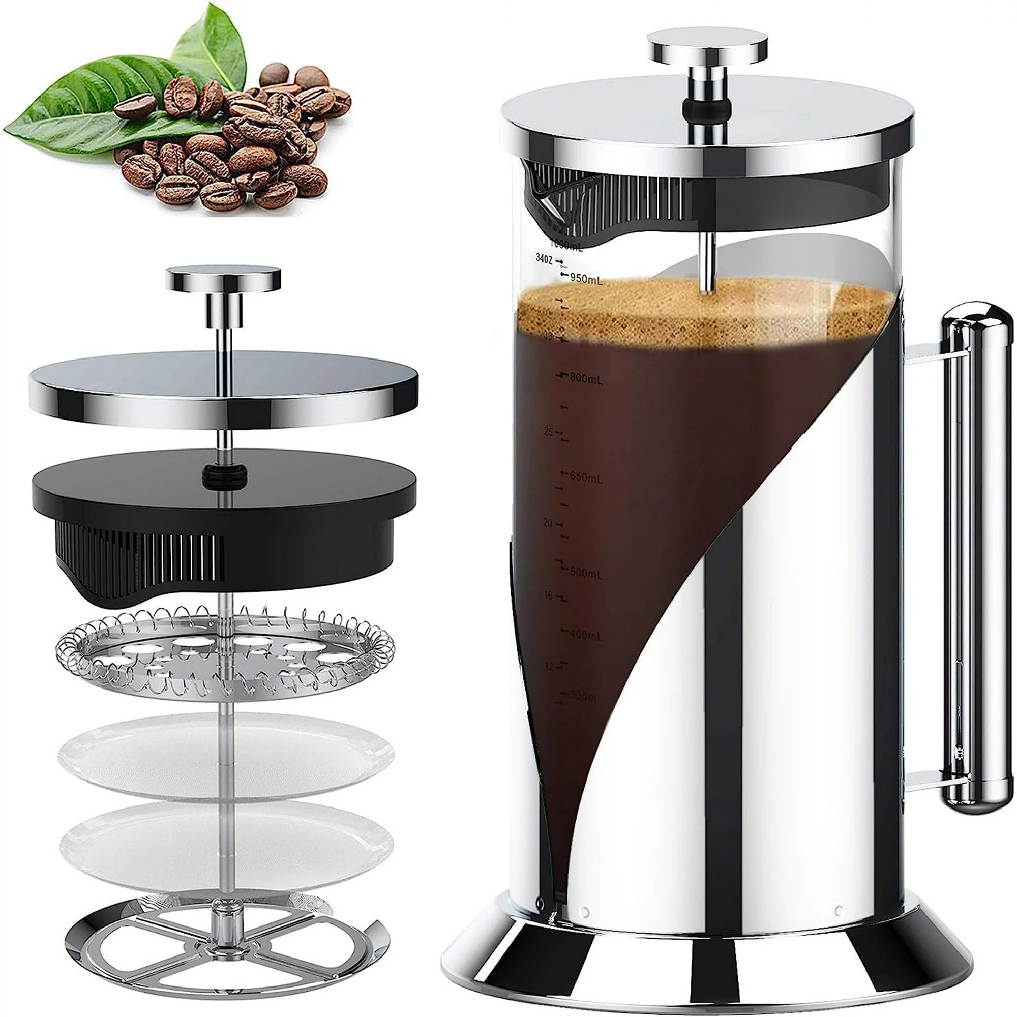 French Press Coffee Maker, 304 Stainless Steel French Press with 4 Level Filtration System & Scale Line, Heat Resistant Borosilicate Glass Coffee Press for Camping Travel, Dishwasher Safe, 34 Ounce