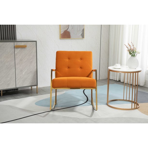 Rocking Chair, Modern Velvet Upholstered Rocker Chair with High Backrest & Stainless Steel Feet, Leisure Accent Arm Chair for Living Room, Bedroom, Lounge Room & Office, Orange