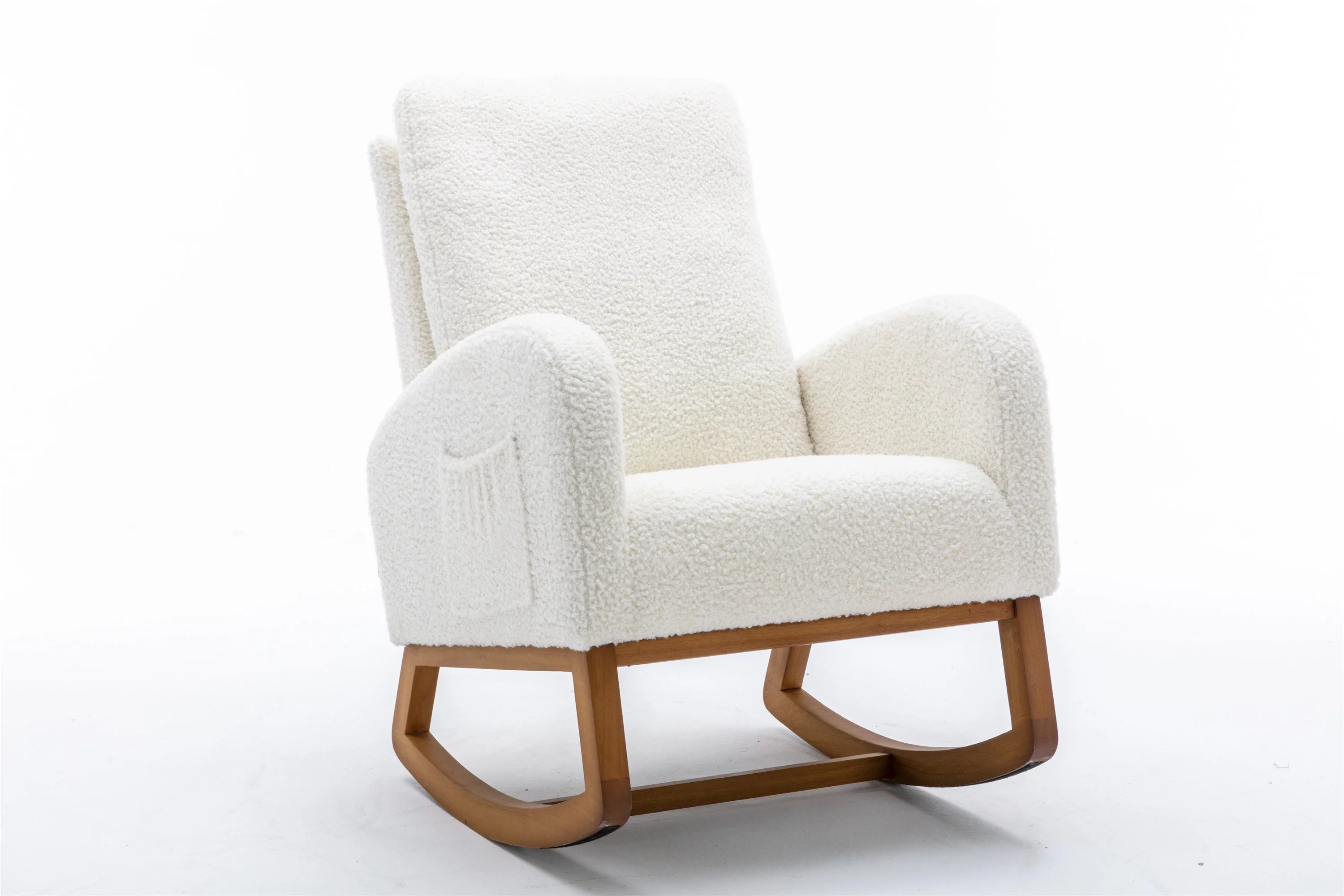 Rocking Chair with High Backrest and Armrests, Teddy Upholstered Nursery Living Room Glider Rocker Chair with Side Pockets, Modern Wooden Lounge Accent Armchair for Home Bedroom Office Porch, White