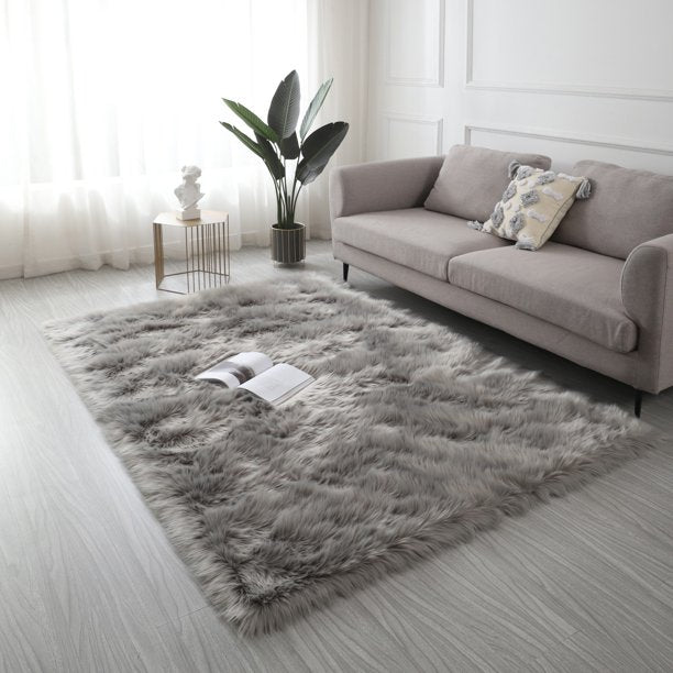 5x7 Feet Ultra Soft Faux Fur Sheepskin Area Rug, 3.5-inch Thick Modern Indoor Fluffy Shaggy Rug for Bedroom, Livingroom and Dorm Decorative, High Pile Non-Slip Carpet, Light Grey