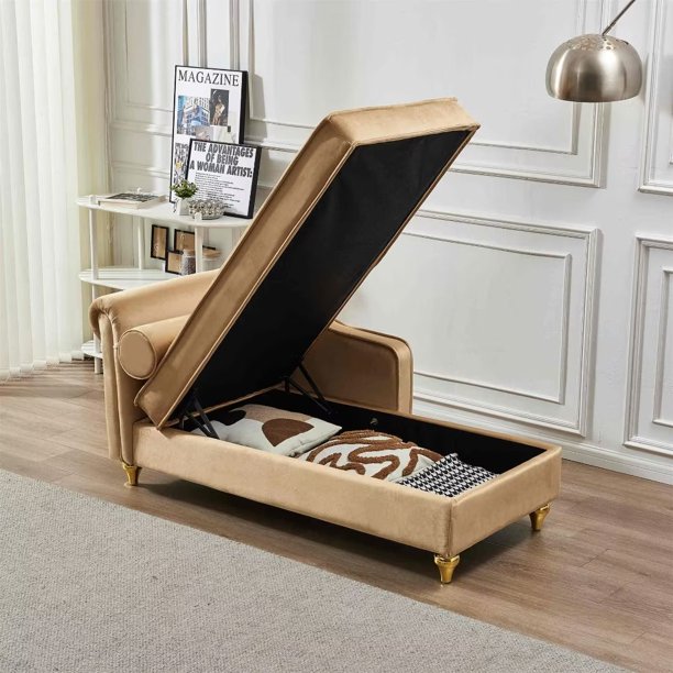 60.6" Accent Lounge Chair, Velvet Storage Chaise, Indoor Accent Lounge Chair with Pillow, Storage Single Sofa with Metal Legs & Solid Wood Frame for Living Room, Bedroom, Office, Khaki