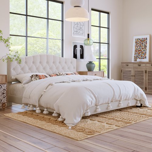 King Bed Frame, Elegant Linen Upholstered King Size Platform Bed Frame with Curved Headboard and Diamond Tufted, Low King Bed Frames for Teens Adults, No Box Spring Needed, Beige