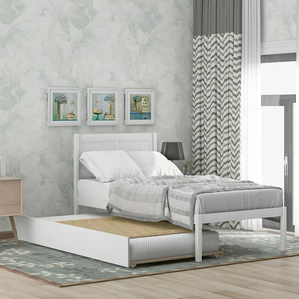 Triple Tree Modern Wood with Trundle Platform Bed, Twin, White