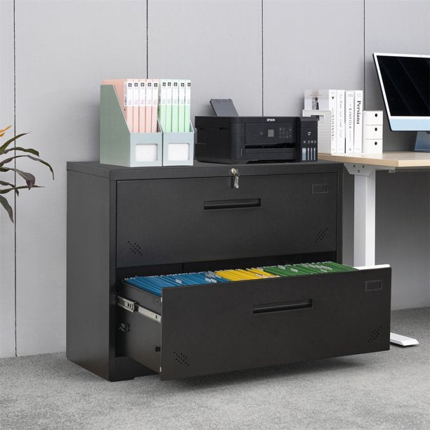Lateral Filing Cabinet with 2 Drawers, Large Deep Drawers Locked by Keys, Wide Lockable File Cabinet, Metal Steel, Easy to Assenble for Home Office, Black