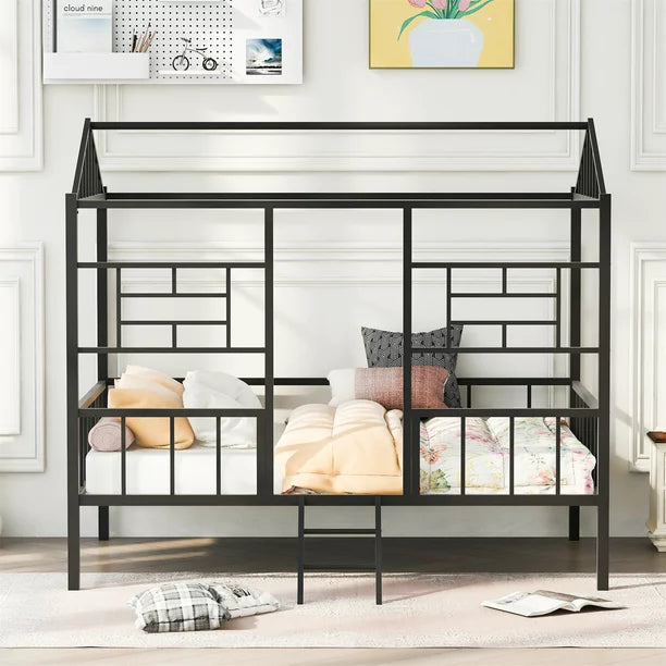 Full Size Metal House Bed Frame, Low Playhouse Loft Bed with Roof, Ladder and Guardrails, Slatted Support Bedroom Mattress Foundation for Teens Adults Girls and Boys, No Box Spring Needed, Black