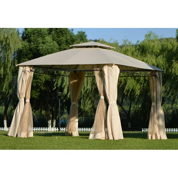 Outdoor BBQ Gazebo, Double Tiered Grill Canopy with Removable Zipper Mesh Netting and Steel Frame, Square Portable Garden Patio Backyard Canopy Shelter Tent for Family Party Wedding, Beige