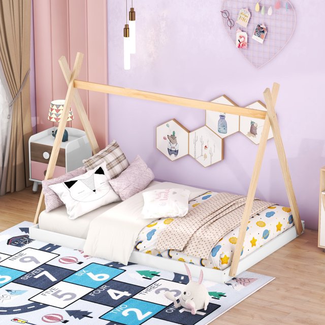 Full Size Wood Tent Floor Bed with Triangle Structure, Montessori Floor Bed for Kids Toddlers Teens Boys Girls, White