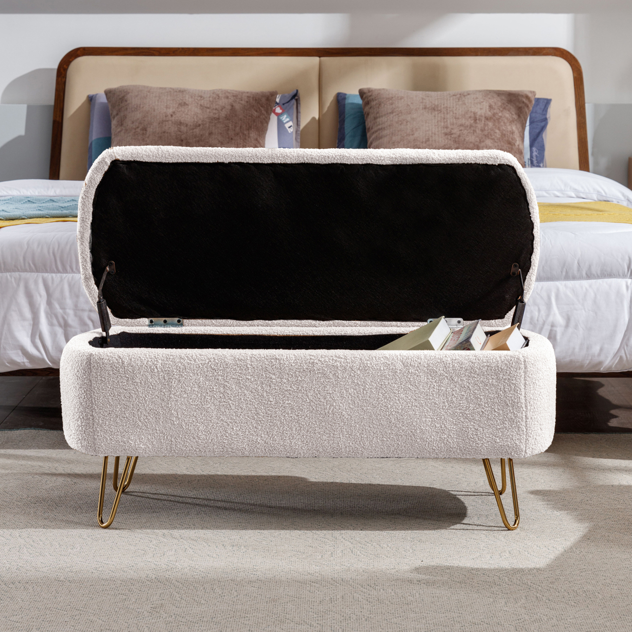 Oval Storage Bench 38.79" Modern Faux Fur Fabric Upholstered Entryway Bench with Gold Metal Legs Ottoman Bench Indoor Storage Bench for Living Room, Bedroom, End of Bed, Entryway, Bed Side, Ivory