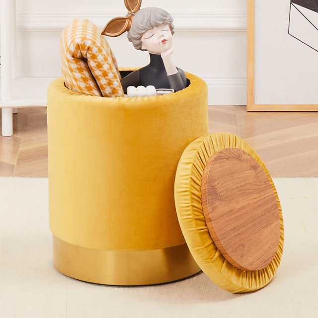 Round Footstools Velvet Storage Ottoman Multipurpose Footrest Stool with Metal Base Modern Vanity Stool Chair Foot Stools Small Side Table Support 300lbs Padded Seat for Living Room & Bedroom, Yellow