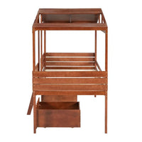 Twin Size Low Loft Bed with 2 Storage Drawers, House Shaped Loft Bed with Roof and Windows, Wood Playhouse Bed for Kids Boys Girls, No Box Spring Needed, Walnut