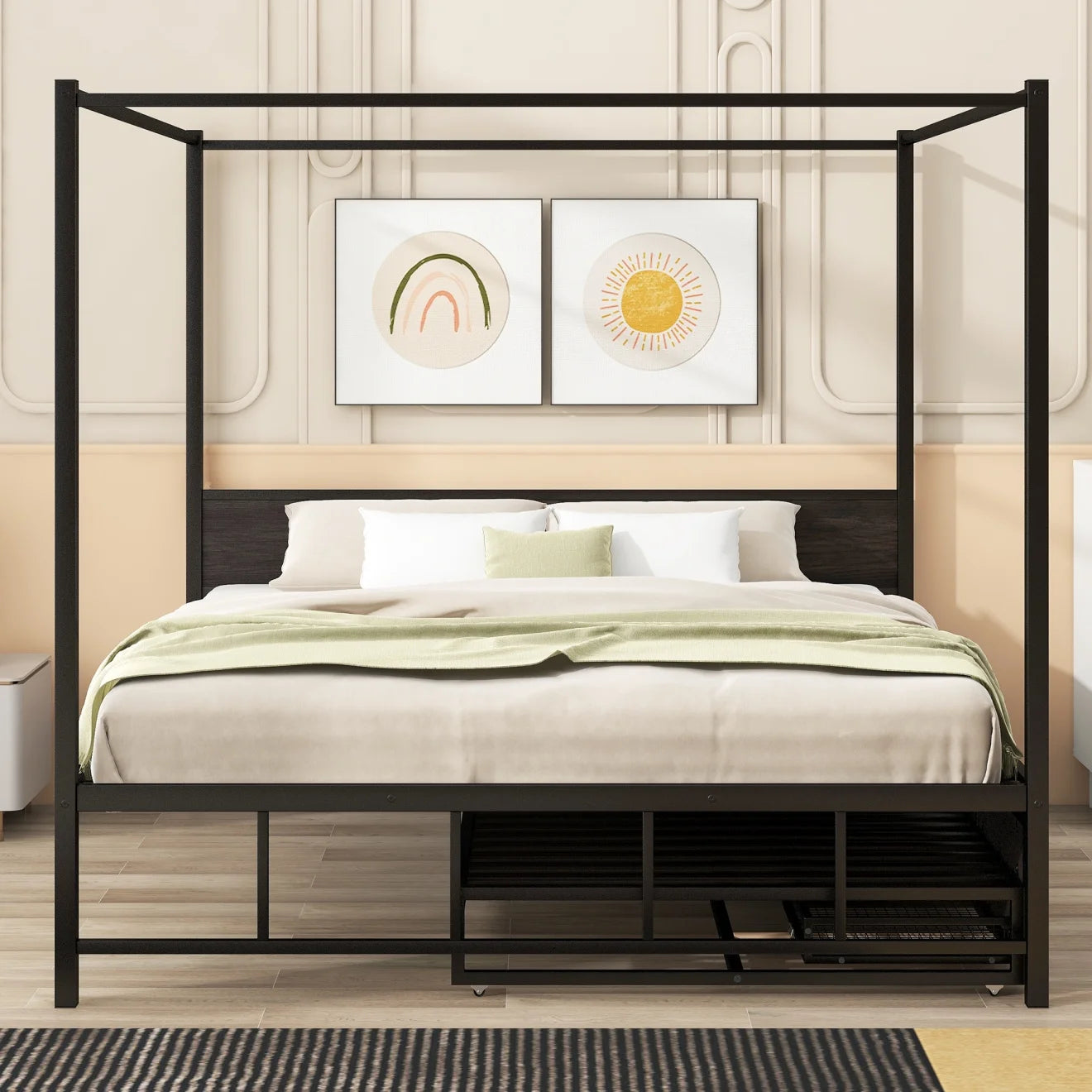 Queen Size Canopy Bed with Twin Size Trundle and 3 Drawers, Metal Canopy Platform Bed with Headboard and Slats Support, 4-Poster Canopy Bed for Kids Teens Adults, Black