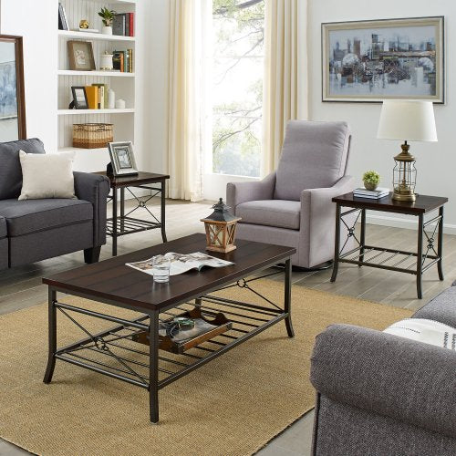 3 Piece Coffee Table Set for Living Room, Sofa Table Set Includes 1 Coffee Table and 2 End Table, Coffee Table with Wood Panels and Metal Frame, Living Room Furniture, Brown with Corss Bottom