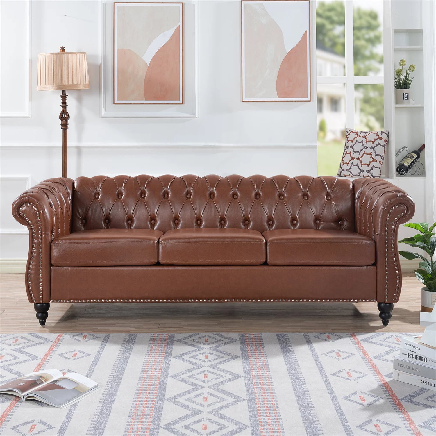 84" Chesterfield Sofa with Rolled Arms, Modern Button Tufted 3 Seater Sofa Couch with Silver Studs Trim and Solid Wooden Legs Comfy PU Leather Upholstered Sofa for Living Room Small Spaces, Brown