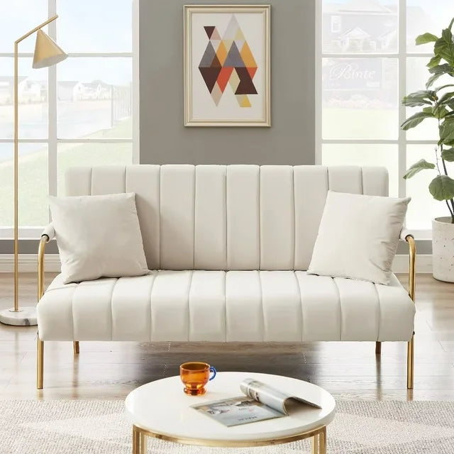 Loveseat Sofa with two Throw Pillows,Upholstered Sofa Couch with Metal Legs,Velvet 2-Seater Sofa Couch for Living Room, Bedroom, Apartment,Beige