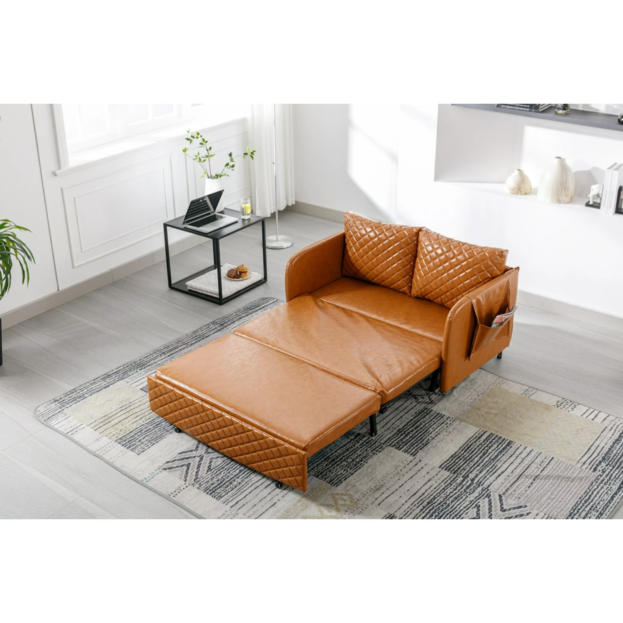 Convertible Sleeper Sofa, Modern PU Leather Loveseat Couch with Pull Out Bed and Headboard, Upholstered Futon Sofa Bed with 2 Pillows and Side Pockets for Living Room Bedroom, Brown