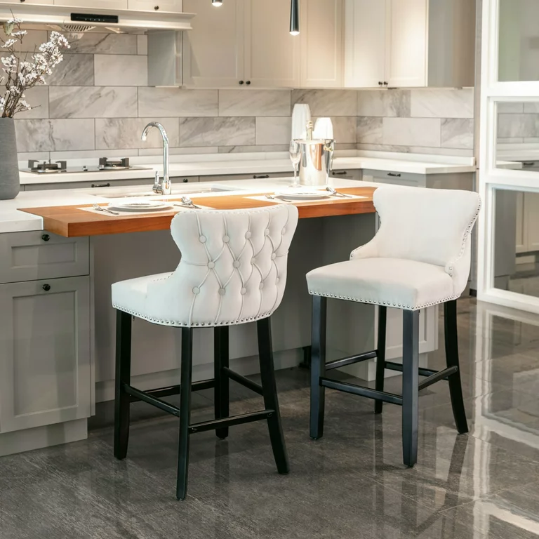 Counter Height Bar Stools Set of 2, Velvet Upholstered Barstools with Button Tufted, Nailhead Trim and Wooden Legs, Wing-Back Bar Chairs Counter Stools for Kitchen Island Dining Room Pub Cafe, Beige