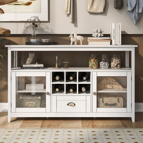51.2" Modern Sideboard Storage Cabinet with 2 Transparent Doors and Drawer,Wood Buffet Table with Wine Grids & Open Shelves,Storage Console Table for Kitchen Dining Room Hallway
