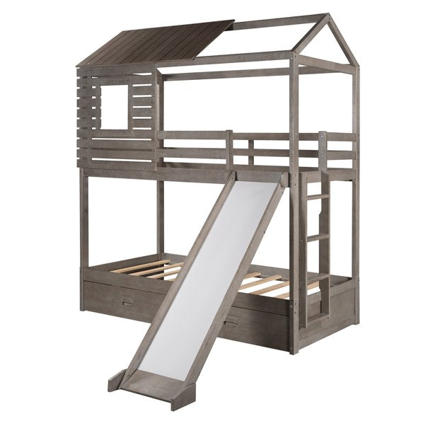 Twin Over Twin Bunk Bed with Two Storage Drawers & Slide, House-Shaped Wood Bunk Bed with Roof & Window, Twin House Bed Bedroom Furniture for Teens, No Box Spring Needed, Antique Gray