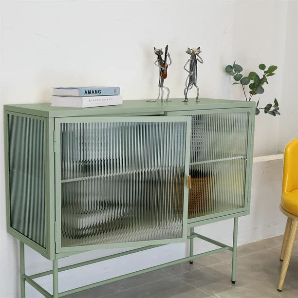 Retro Buffet Sideboard Storage Cabinet with Metal Frame & Fluted Glass Sideboard Buffet with Removable Shelves,Modern Console Table End Table Side Table for Kitchen Living Room Entryway,Mint Green