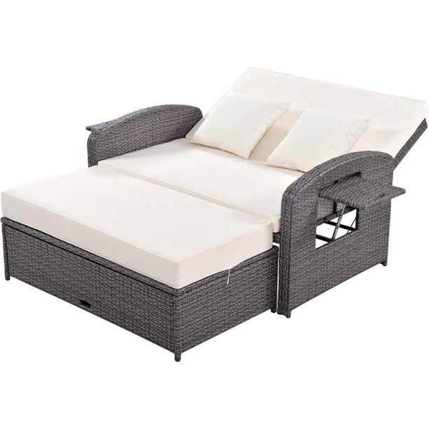 Outdoor Daybed, PE Wicker Rattan Double Chaise Lounge, 2-Person Reclining Sunbed with 3-Height Adjustable Back, Outdoor Patio Furniture Protection Cover, White