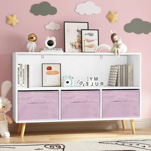 Kids Bookcase, Book Display Bookshelf with 3 Collapsible Fabric Drawers for Kids Teens, Children's Book Display with Pine Legs, Toy Storage Cabinet Organizer for Bedroom Living Room Playroom, Pink