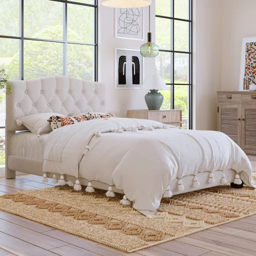 Full Bed Frame, Elegant Linen Upholstered Full Size Platform Bed Frame with Curved Headboard and Diamond Tufted, Low Full Bed Frames for Teens Adults, No Box Spring Needed, Beige