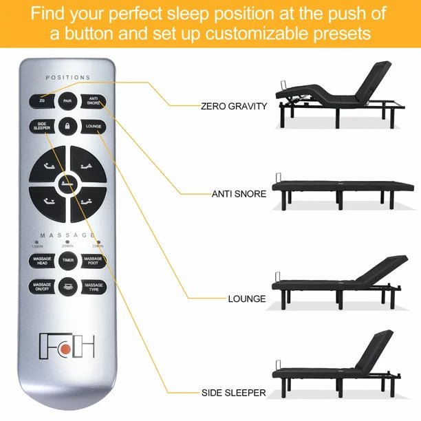 Queen Size Adjustable Bed Frame Full with Massage, Adjustable Bed Base with Dual USB Ports, Head and Foot Incline with Wireless Remote Control, Anti Snore
