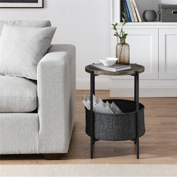 Round End Table with Storage Basket, Accent Nightstand with Metal Frame, Side Table for Living Room, Bedroom, 18"L x 18"W x 24"H