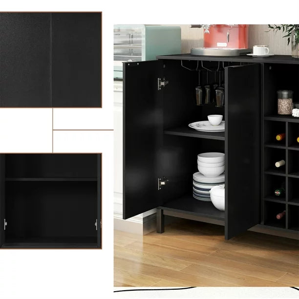 34" Sideboards & Buffets With Storage Coffee Bar Cabinet with Wine Racks Buffet Cabinet Sideboards with Adjustable Open Shelf Modern Console Table for Kitchen Living Room and Dining Room, Black