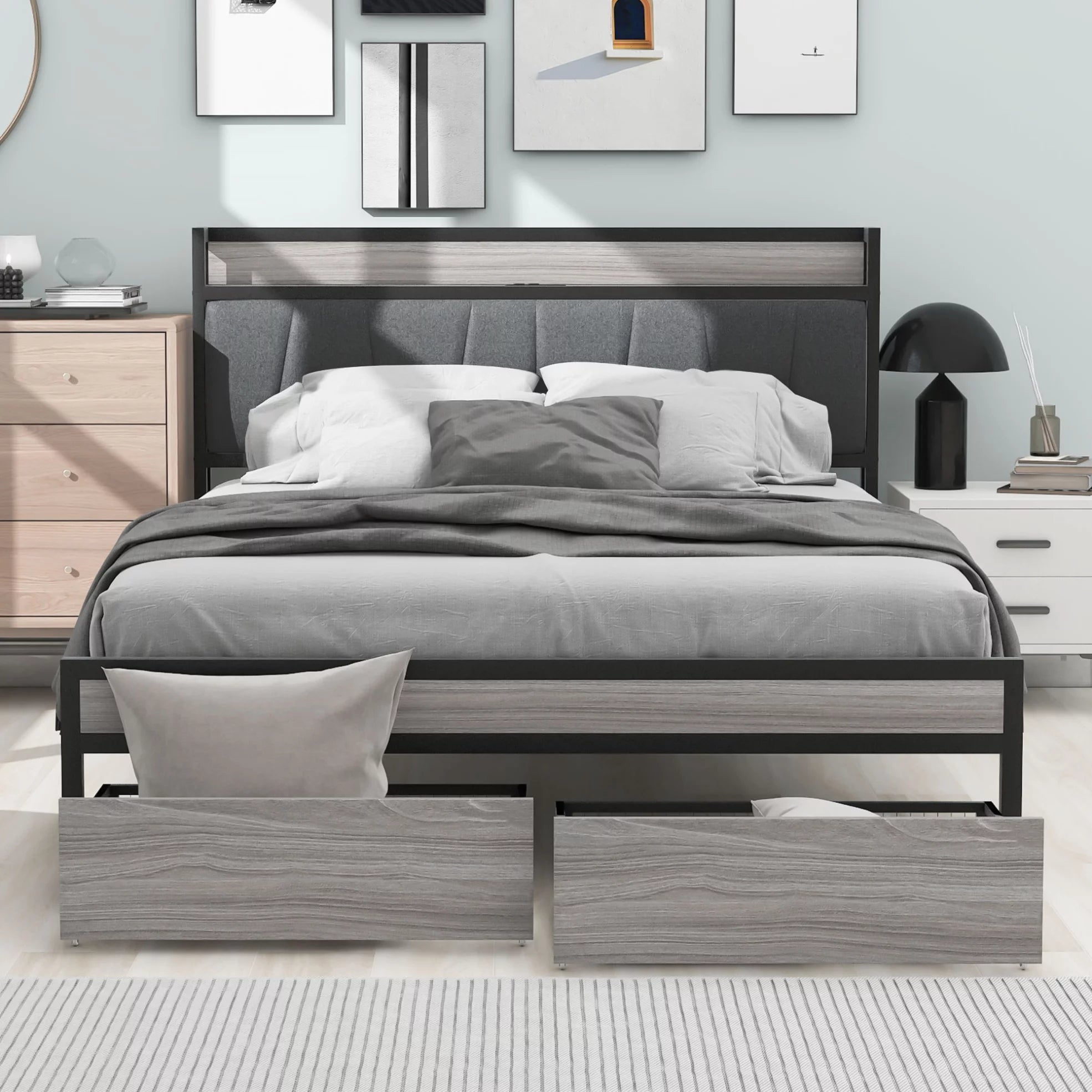 Full Size Metal Platform Bed with 2 Drawers & USB Ports,Heavy Duty Metal Bed Frame with Headboard and Charging Station,Slats Support,Noise-Free, No Box Spring Needed