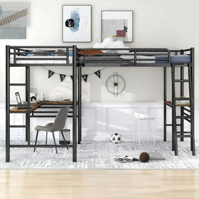 Double Loft Beds Twin Size, L Shaped Loft Bed Frame with Two Built-in Desks, Heavy Duty Bunk Bed with Desk for Kids Boys Girls Teens, 250LBS Weight Capacity, Black