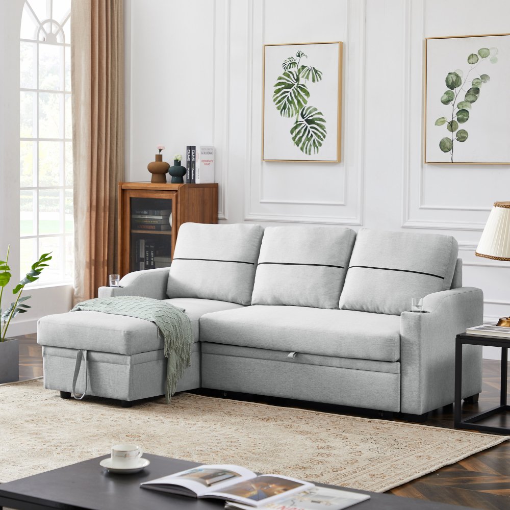 Convertible Sofa Bed with Pull-out Seat, 82Inch L-shaped Sectional Sofa Couch with Storage Chaise and Cup Holders on Armrests, Modern Corner Sofa Bed with Backrest for Living Room, Light Gray