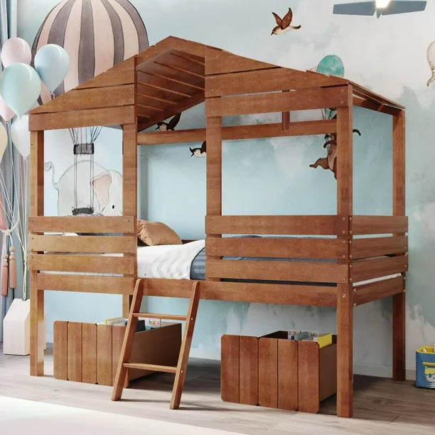 Twin Size Low Loft Bed with 2 Storage Drawers, House Shaped Loft Bed with Roof and Windows, Wood Playhouse Bed for Kids Boys Girls, No Box Spring Needed, Walnut