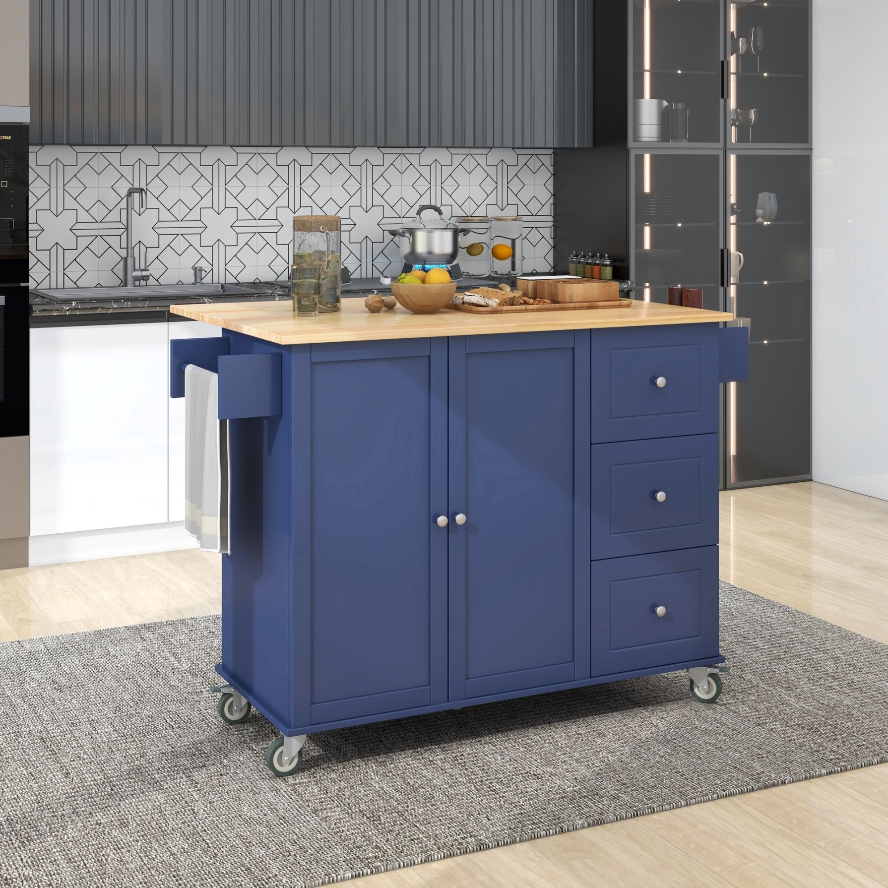 Rolling Mobile Storage Cabinet, Modern Kitchen Island with Drop Leaf, Solid Wood Top, Locking Wheels, Storage Drawers and Adjustable Shelves, 52.7 Inch Width, Dark Blue