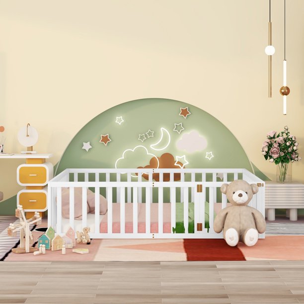 Queen Size Wood Floor Bed Frame with Fence and Door, Versatile Floor Bed, Floor Bed Playpen with Extended Rail, Toddler Bed Frame, White