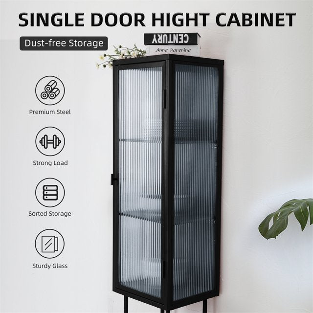 Metal Tall Display Cupboard, Freestanding Console Storage Cabinet with Glass Door & Three Detachable Shelves, Slim Cabinet Single Door Sideboard for Living Room, 14.80"Lx12.60"Wx61.50"H, Black