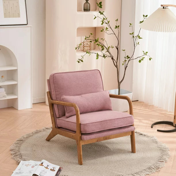 Upholstered Accent Armchair for Living Room, Modern Linen Indoor Single Leisure Lounge Chair with Oak Armrest & Lumbar Pillow, Wooden Reading TV Arm Chair for Home Apartment Office, Pink