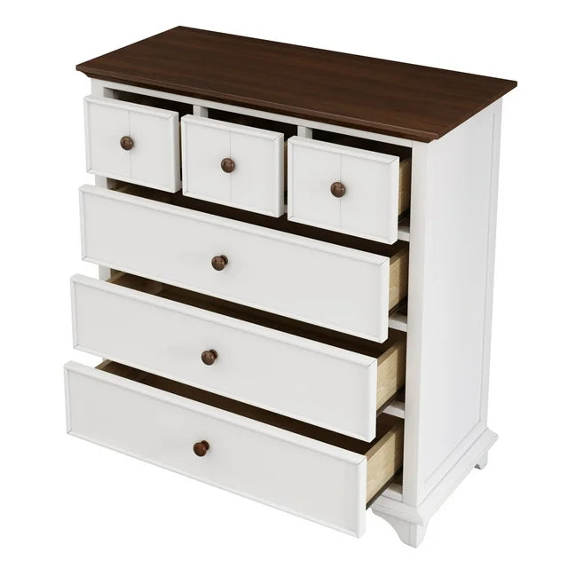 Wooden Captain 6 Drawer Dresser,Modern Wood Dresser Chest Organizers for Bedroom Living Room Kids' Room,White+Walnut